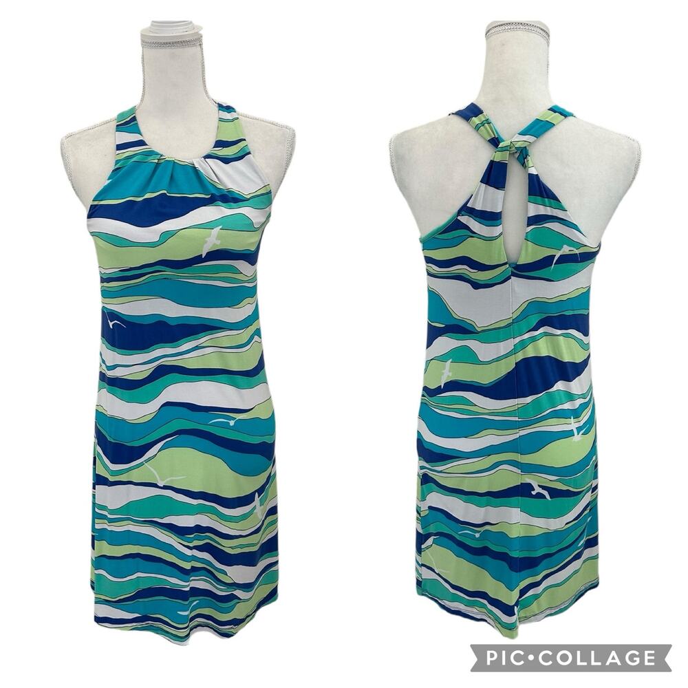 Tori Richard Honolulu Hawaii Wave Print Seagulls Blue Green Midi Dress Size XS - Picture 1 of 10